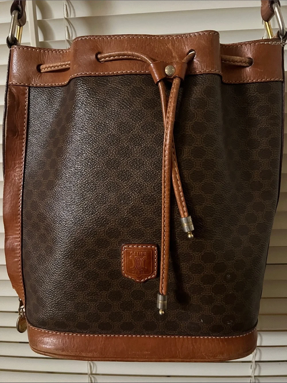 Celine Brown Leather-Trim Bucket Shoulder Bag - Picture 2 of 15